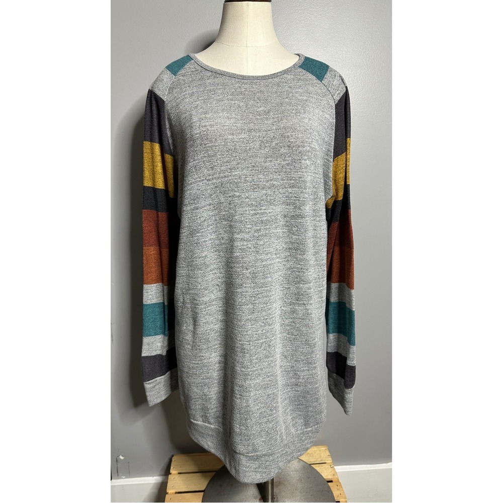 HARHAY Womens Gray Tunic Top Multi Color Striped Raglan Long Sleeve Crew Neck